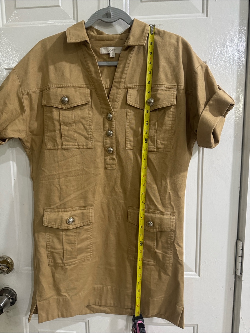 LOFT Beige Utility Shirt Dress with Short Sleeves - Picture 3 of 8